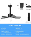 Compact Ceiling Fan With Light And Remote For Outdoor Spaces, 20 Inch, 30W, 2000 Lumens, product specifications diagram.