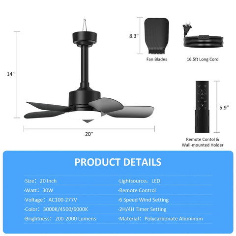 Compact Ceiling Fan With Light And Remote For Outdoor Spaces, 20 Inch, 30W, 2000 Lumens, product specifications diagram.
