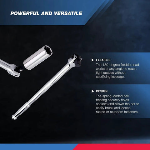 Beefy Half Inch Drive Extension Breaker Bar With 15 Inch Length Rotating Flex Head Chrome Vanadium Steel Build Drop Forged Heavy Duty