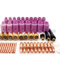 Awesome TIG Welding Consumables Kit Fits WP 17 18 26 Series Torch with pink nozzles and copper collets for welding setups.