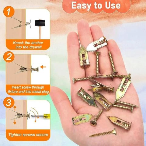 Heavy Duty 100 Piece Self Drilling Drywall Anchors And Screws Hollow Wall Expansion Kit With Deep Thread Design For Secure Mounts In Drywall Concrete Plasterboard And More, 100-piece metal anchors and screws in hand