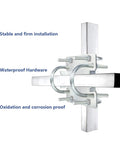 Cross Over Antenna Mast Clamp Kit With U Bolts For 1 To 2 Inch Poles showing installation with labels on benefits.