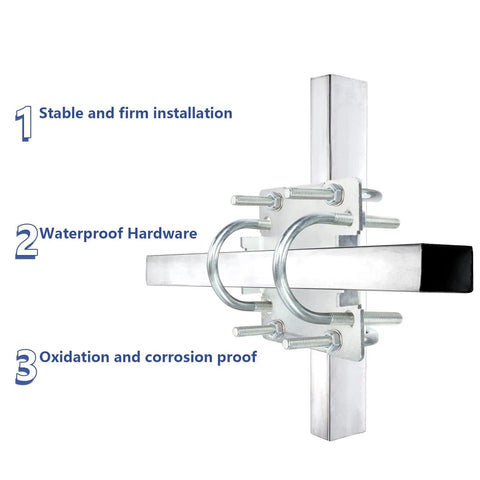 Cross Over Antenna Mast Clamp Kit With U Bolts For 1 To 2 Inch Poles showing installation with labels on benefits.