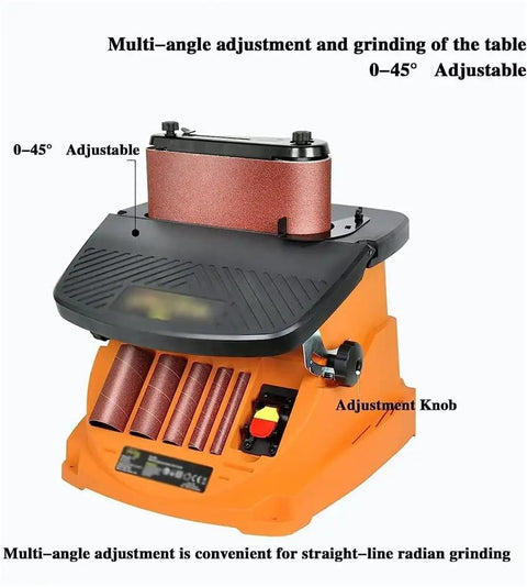 Heavy Duty Rugged 450W Electric Disc Sander And Belt Grinder With Broad Multi Angle Table showcasing adjustable sanding belt and table.