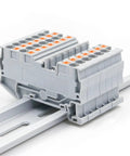 Ten Pack 4mm Square Dual Wire Terminal Block Kit With DIN Rail Mount Pro Grade Heavy Duty Spring Clamp Electrical Wiring For 24 To 12 AWG Conductor Control Panels And Projects, shown installed on a metal DIN rail.