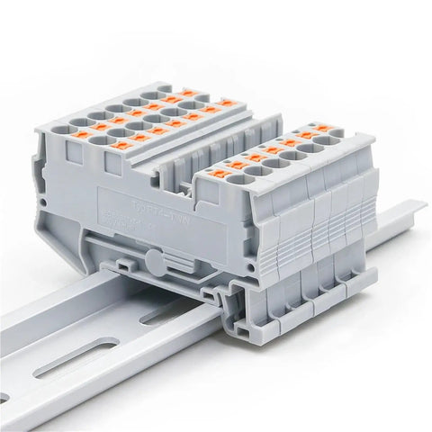 Ten Pack 4mm Square Dual Wire Terminal Block Kit With DIN Rail Mount Pro Grade Heavy Duty Spring Clamp Electrical Wiring For 24 To 12 AWG Conductor Control Panels And Projects, shown installed on a metal DIN rail.