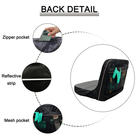 Weatherproof Tractor Seat Cover With Tool Pockets And Anti Slip Backing Padded No Sweat Oxford Fabric Lawn Mower Seat Protector For Farm Use Durable Riding Tractor Accessory With Dust Shield And Mesh Pockets showing back details with zipper pocket, reflective strip, and mesh pocket.