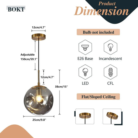 Dimensions of Brass Gold Globe Pendant Light Lit With Smoke Gray Glass Shade Mid Century Modern Ceiling Hanging Fixture