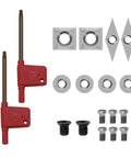 Eight Piece Tungsten Carbide Cutting Tips With Screws For Wood Lathes And Planes, includes two square and two diamond inserts with fasteners.