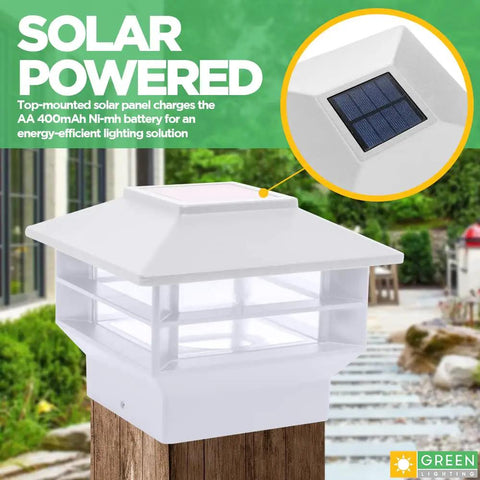 Close-up of Two Tier Solar Post Cap Lights For Outdoor Posts Fits 4x4 Wood 4x4 And 5x5 PVC Vinyl Fence Posts with solar panel