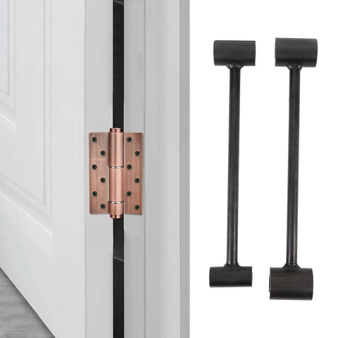 Double Head Steel Door Hinge Adjustment Wrench For Fire, Cleanroom And Security Doors, black heavy-duty tool next to copper hinge
