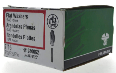 Premium Zinc Plated Low Carbon Steel Flat Washers 7/16 Inch Sae Pattern packaging showing steel type and size details.