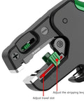 Close-up of Heavy Duty Multi Functional Cable Strippers With Wire Crimper Tool showing adjustable stripping length and travel slot.