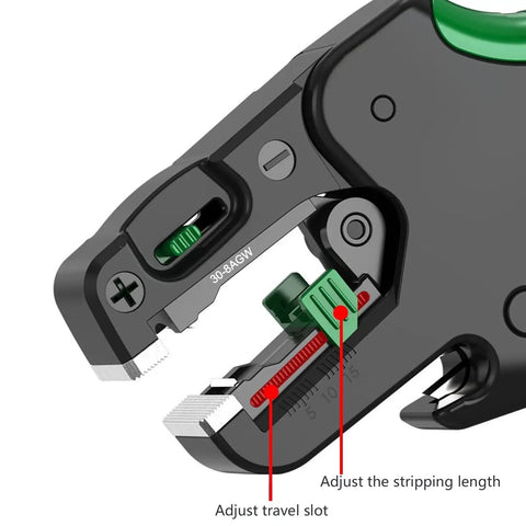 Close-up of Heavy Duty Multi Functional Cable Strippers With Wire Crimper Tool showing adjustable stripping length and travel slot.