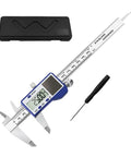 Steel Solar Digital Calipers 150mm Ranges High Accuracy Measurement Tool with Small Case for Industrial Applications Solar Battery Calipers for Woodworking Projects above a sleek storage case and screwdriver.