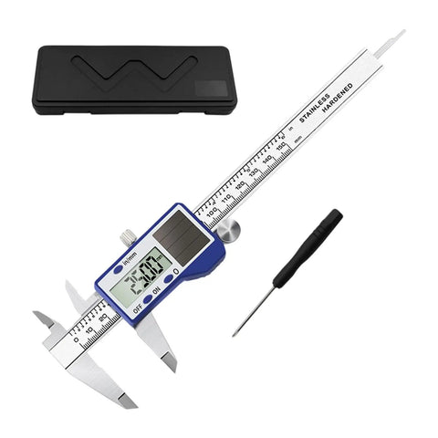 Steel Solar Digital Calipers 150mm Ranges High Accuracy Measurement Tool with Small Case for Industrial Applications Solar Battery Calipers for Woodworking Projects above a sleek storage case and screwdriver.