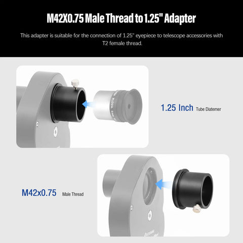 M42x0.75 To 1.25 Inch Thread Adapter For Astrophotography Cameras And 1.25 Inch Nosepieces With A Secure Thumbscrew shown