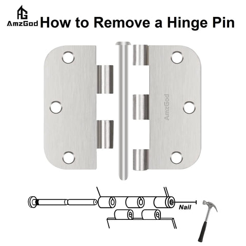Diagram showing how to remove a pin from Brushed Nickel Door Hinges 3-Pack 3.5 Inch Interior Hinges 5/8" Radius Rounded Corners with Screws