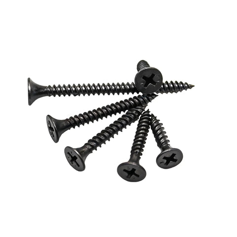 Rock Solid Number Six Fine Thread Drywall Screws Assortment With Phillips Bugle Heads For Sheet Rock And Wood Fixes Heavy Duty Rustproof Carbon Steel DIY Hardware Kit, black screws on white background.