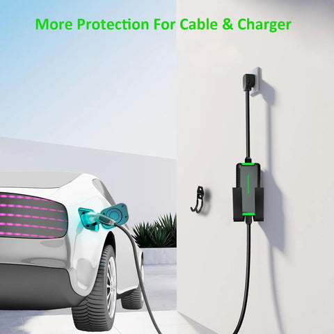 Adjustable EV Charger Wall Mount Bracket With Steel Cable Hook And Secure Grip Design, featuring a car charging with organized cable.