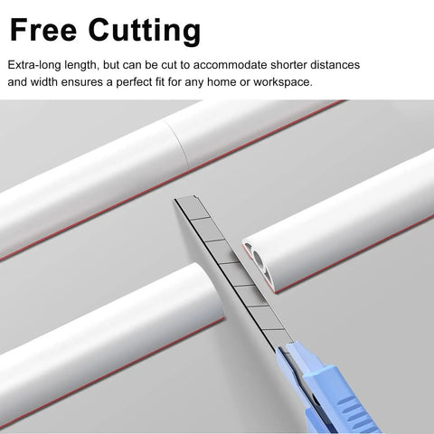 Flexible Pvc Cable Channel And Wall Covers Straight Up Tidy Your Mess showing free-cutting feature with a cutter and three white raceways.