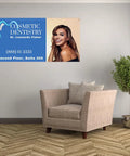 Custom 3x6 Indoor Outdoor Heavy Duty Vinyl Banner For Business Promotion Birthdays Holidays And Special Events Upload Your Image Or Text For A Customizable Eye Catching Signage Solution featuring cosmetic dentistry ad on wall above a chair