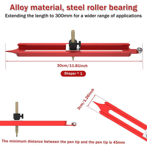 Dead On Aluminum Contour Gauge And Profile Scribe Tool With Snap Fit Pencil Holder For Bullseye Tracking Woodworking Corners Tile Layout And Regular Carpenter Projects showing 300mm red alloy tool with steel roller.