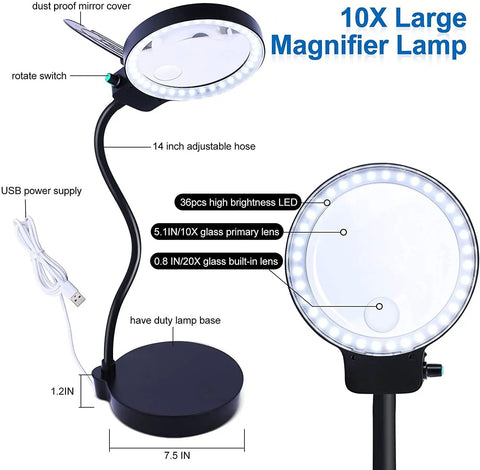 Top Notch LED Magnifier With Light And Stand, 10X And 20X HD Lenses, Stepless Dimming, Adjustable Gooseneck Desk Lamp
