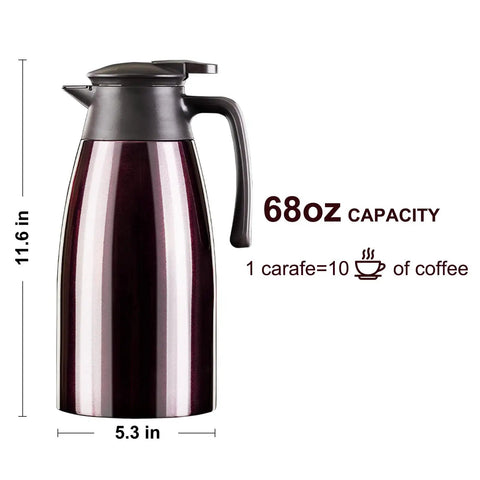 68Oz Ceramic Liner Thermal Carafe With Vacuum Insulation, Stainless Exterior, 11.6 inch height, 5.3 inch base, easy pour spout.
