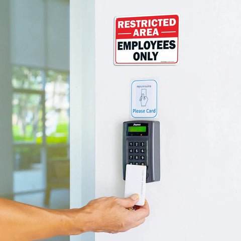 2 Pack Restricted Area Employees Only Sign 10x7 Inches Aluminum Rust Free UV Protected Weather Resistant Waterproof Durable Ink Easy Mount No Entry For Unauthorized Folks High Visibility Security Notice For Offices Warehouses And Shops mounted above card reader