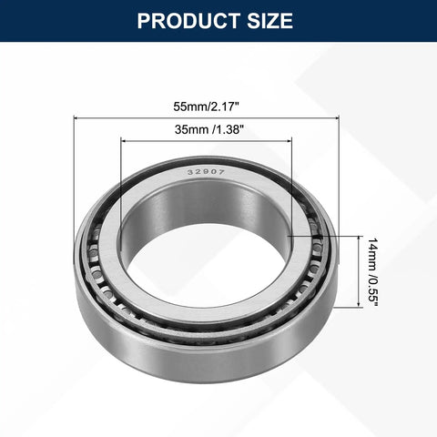 Built Tough Chrome Steel Tapered Roller Bearing Cone And Cup Set With 35 Mm Bore 55 Mm Od And 14 Mm Thickness shown with dimensions.