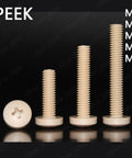 Heavy Duty PEEK Plastic Phillips Pan Head Machine Screws M2 to M6 displayed showcasing various heights and sizes.
