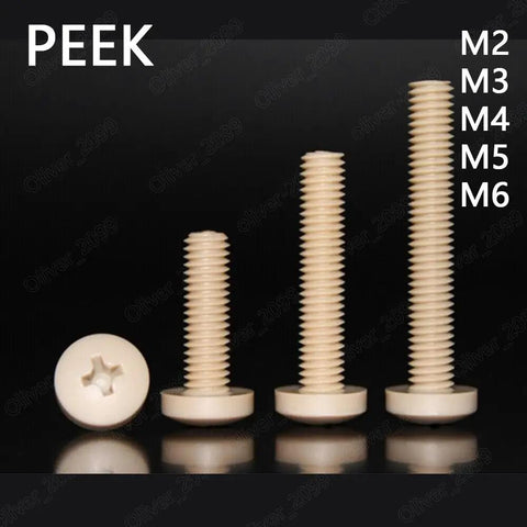 Heavy Duty PEEK Plastic Phillips Pan Head Machine Screws M2 to M6 displayed showcasing various heights and sizes.