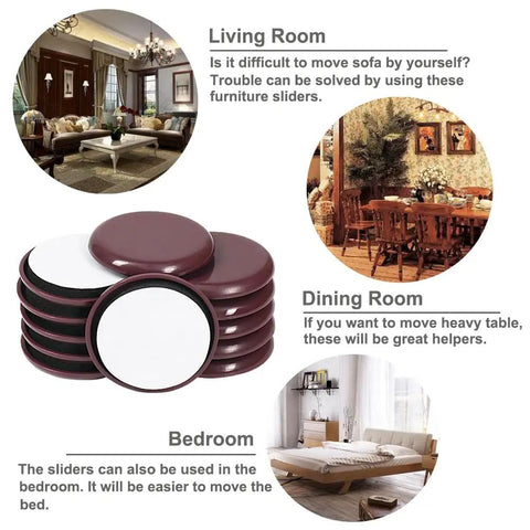 Heavy Duty Stick Furniture Sliders And Glides make carpet and hardwood floors glide smooth as butter with Scratch Resistant coffee colored pads.