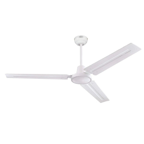 Jax 56 Inch White Dope Modern Industrial Ceiling Fan With Remote Control shown with three steel blades from side angle.