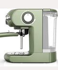 Side view of a green 19 Bar Espresso Machine With Milk Frother, Fast Heating Automatic Espresso Maker For Home And Office.