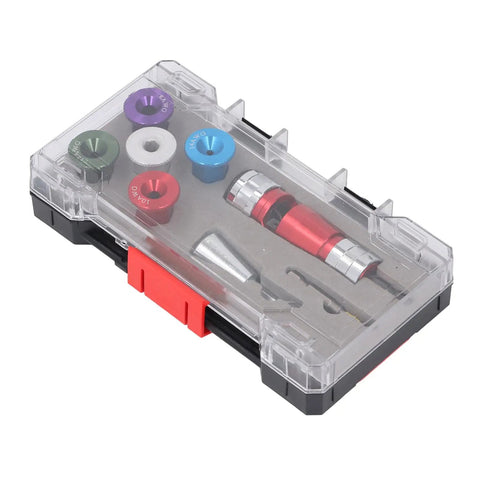 Fabater High Speed Adjustable Electric Wire Stripper Bit Set in a clear case with 5 aluminum heads for 6-14 AWG copper wires.
