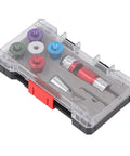 Jiawu Electric Drill Wire Stripper Bits Set For 6-14 AWG Solid Al Cable in clear storage case, with various colored stripping heads.