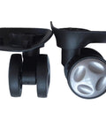 Premium Rock Solid Replacement Luggage Wheels With Dual Spring Suspension For Suitcases And Drawbar Cases, black and silver twin wheel assembly.