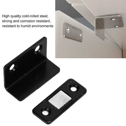 Heavy Duty Magnetic Cabinet Catch 8 Pack L Shaped Black Brackets With Strong Adhesive For Kitchen Doors Drawers And Cupboards No More Slamming showing cold-rolled steel.