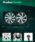 Street Proof Double Blade Radiator And Condenser Cooling Fan Assembly For Toyota Camry 2.5L Engine 2012 2017 showing dimensions and fan design.
