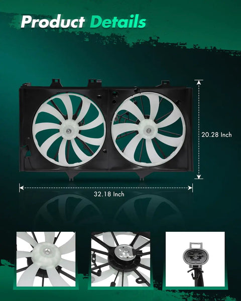Street Proof Double Blade Radiator And Condenser Cooling Fan Assembly For Toyota Camry 2.5L Engine 2012 2017 showing dimensions and fan design.