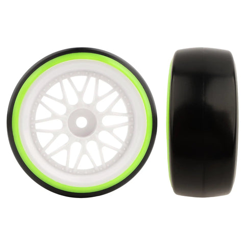 One Tenth Scale On Road RC Drift Tires And Wheels Ready To Drift Set With 12mm Hex Hub side and front view