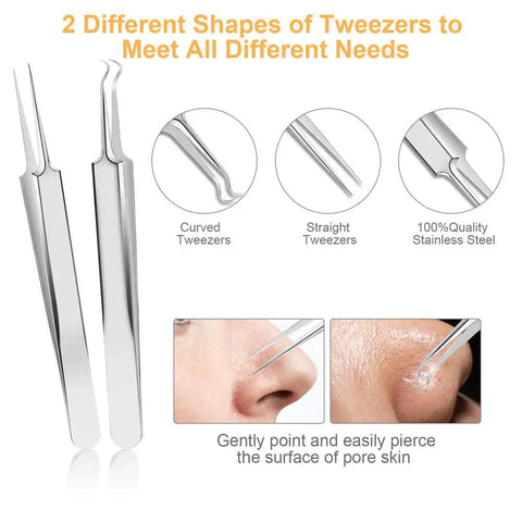 9-In-1 Pimple Popper Kit With 16 Precision Heads shown with curved and straight tweezers of 304 stainless steel for nose zit removal