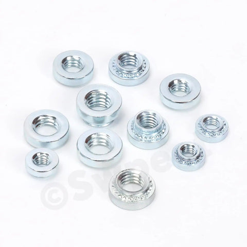 Top Shelf Self Clinching Nuts Assortment Kit With 220 Pcs Knurled Rivet Nut Fasteners In M3 M4 M5 Sizes Galvanized Steel Build on white background.