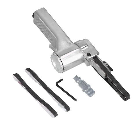 Top Shelf Pneumatic Belt Sander With Retractable Trigger and Ultra Thin Pressure Plate, includes sanding belts and accessories.