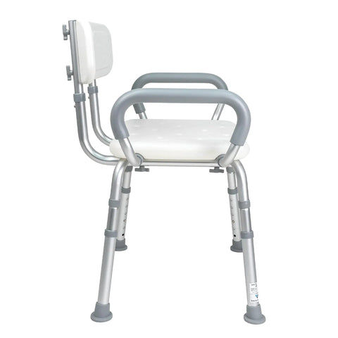 Deluxe Spa Shower Chair with arms and back, no slip stability, white with light gray arms, supports 350 lbs, side view