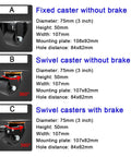 Heavy Duty Nylon Castor Wheels Set Of 4 75Mm Industrial Swivel Casters With Locking Brakes showing specifications of fixed and swivel options.