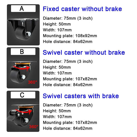 Heavy Duty Nylon Castor Wheels Set Of 4 75Mm Industrial Swivel Casters With Locking Brakes showing specifications of fixed and swivel options.