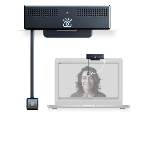 ProMini 4K Eye Contact Webcam on laptop showing positioning with retractable arm for video calls